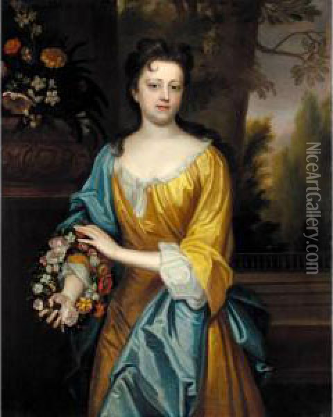 Portrait Of Miss Lowe, Probably Mrs Richard Marriott, Three-quarter Length, Standing, Wearing A Yellow And White Dress, Holding A Wreath Of Flowers, An Urn Of Her Flowers Beside Oil Painting - Maria Verelst
