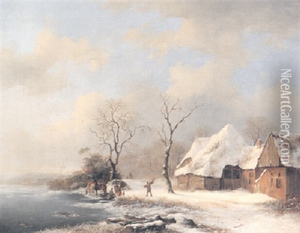 Winter Landscape With Figures Oil Painting - Frederik Marinus Kruseman