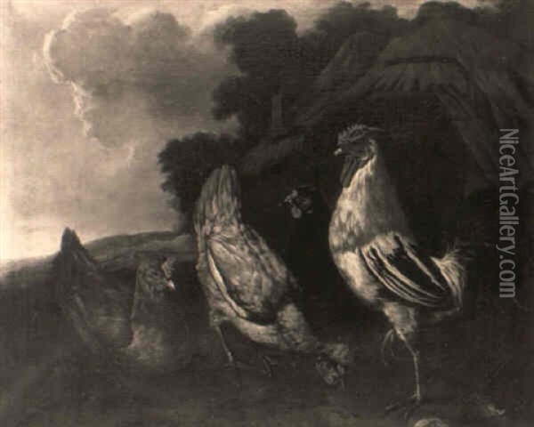 A Cockerel And Hens In A Landscape, A Farmhouse Beyond Oil Painting - Melchior de Hondecoeter