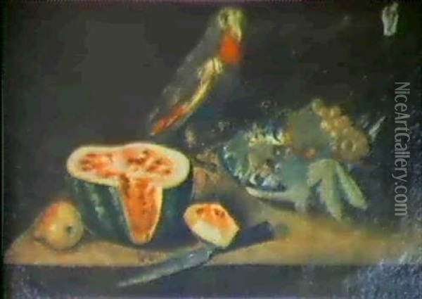 Still Life Of A Split Melon, Grapes On A Ceramic Plate And A Perched Parrot Oil Painting - Francisco Goya