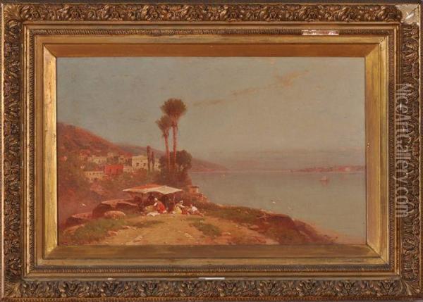 Mediterranean Harbor View With Picknickers Oil Painting - George Washington Nicholson