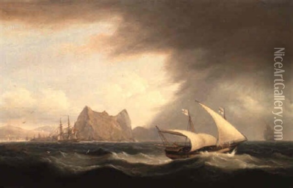 Gibraltar From The Southeast With A British Man Of War And A Xebec Oil Painting - Thomas Luny