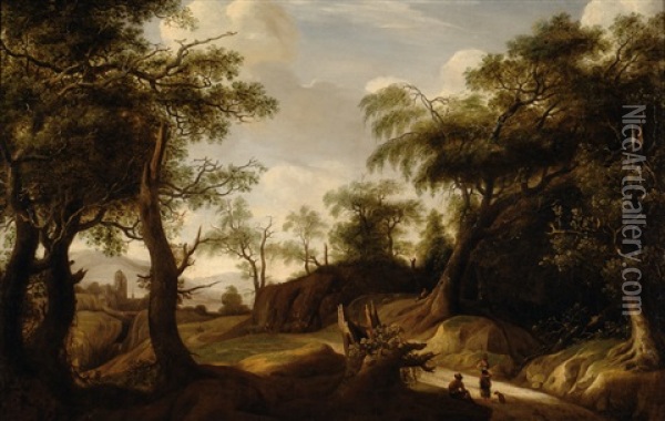 A Forest View With Figures And A City In The Background Oil Painting - Jan Looten