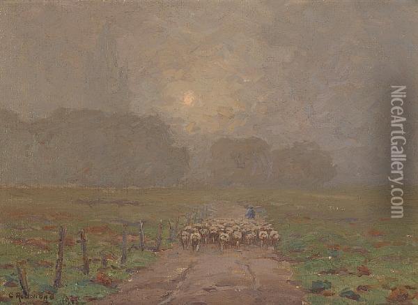 Shepherd Herding Sheep In A Misty Landscape Oil Painting - Granville Redmond