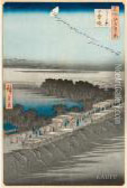 Ansicht Des Dammes Nihonzutsumi Bei Yoshiwara Amabend Oil Painting - Utagawa or Ando Hiroshige