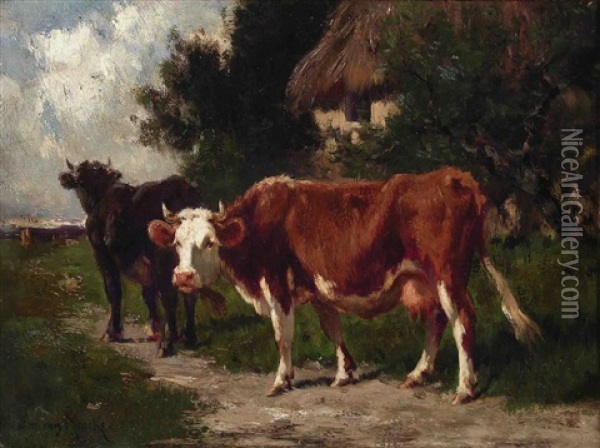 Deux Vaches Devant Une Ferme Oil Painting - Emile van Marcke de Lummen