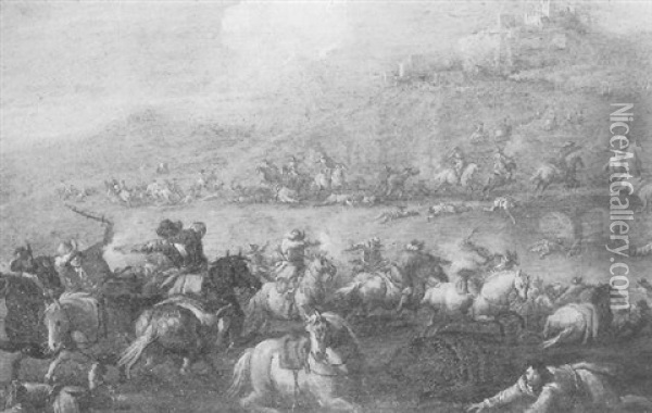 A Cavalry Skirmish In An Italian Valley Oil Painting - Christian Reder