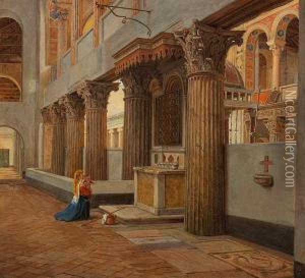 Interior From The Church Saint Lorenzo Fuori In Rome Oil Painting - Constantin Hansen