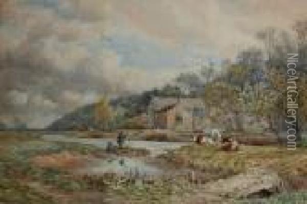 Country River Landscape With Anglers And Cattle On A Bank. Oil Painting - Charles James Adams