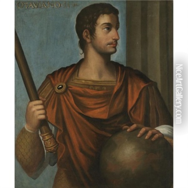 Portrait Of The Emperor Augustus Holding A Baton And Resting His Hand On A Globe Oil Painting - Bernardino Campi