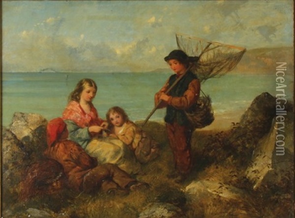 A Young Family Fishing By The Shore Oil Painting - Edward John Cobbett
