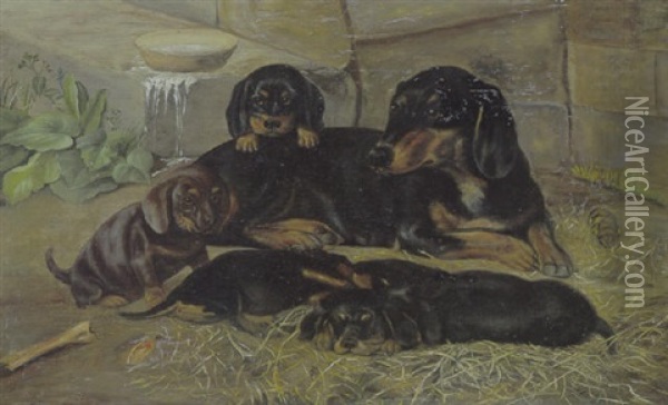 Gravhund Med Sine Hvalpe Oil Painting - Otto Haslund