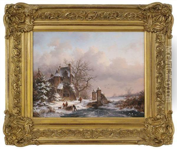 Abendliche Winterlandschaft Mit Einem Villenanwesen Und Holzsammlern Oil Painting - Frederik Marianus Kruseman