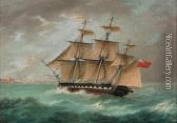 A British Frigate Approaching Port Oil Painting - Thomas Buttersworth