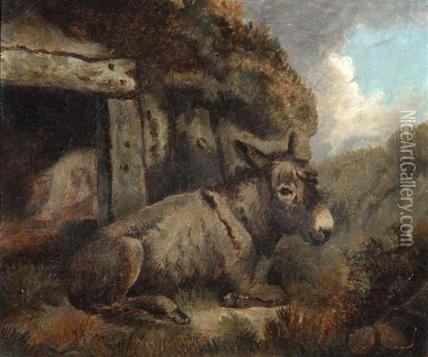 A Mule Resting Outside A Barn Oil Painting - George Morland