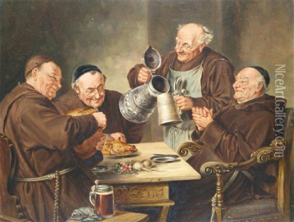 Monks Dining; Monks Imbibing (a Pair) Oil Painting - Eduard von Gruetzner