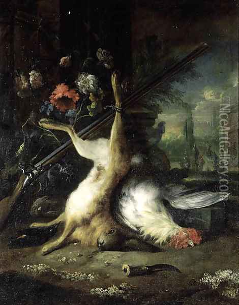 A dead hare hanging from a shotgun with a dead hen, in a classical garden Oil Painting - Jan Baptist Weenix