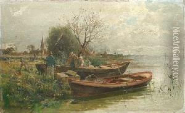 Fishermen At Lake Constance. 
Oil/panel, Signed, Inscribed And Dated, Verso Old Label With Inscription Oil Painting - Karl Adam Heinisch