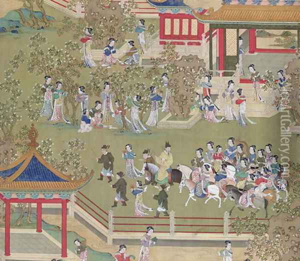 Emperor Yang Ti (581-618) strolling in his gardens with his wives, from a history of Chinese emperors Oil Painting - Anonymous Artist