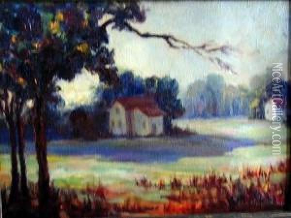 Housesin Pastoral Landscape Oil Painting - George Elmer Browne