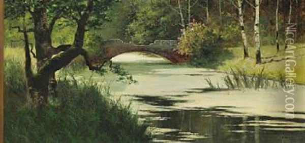 A Bridge Over A Lush Creek In A Park, Summer Oil Painting - Vassily Mikhailovitch Makovsky
