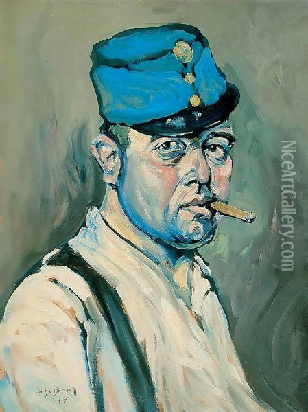 Self portrait with Military Cap 1917 Oil Painting - Gyula Batthyany