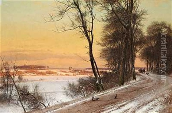 Vinterlandskab Med En Slaede; Henimod Aften. Motiv Fra Nordsjaelland Oil Painting - Frederik Niels Martin Rohde