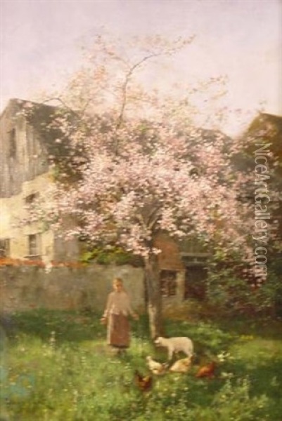 Madchen Mit Huhnern Und Einem Lamm Unter Einem Bluhenden Kirschbaum Oil Painting - Johannes Leonhard