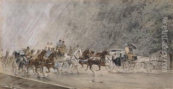 Coach Journey In The Rain Oil Painting - Hans Gottfried Wilda
