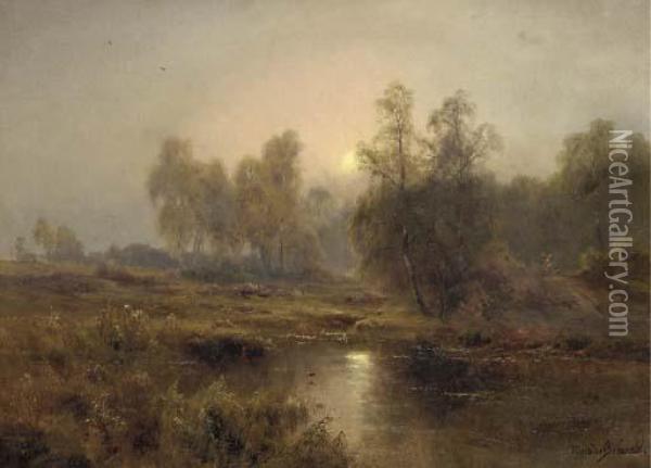 The Silver Birch Of Burnham - Moonrise Oil Painting - Alfred de Breanski