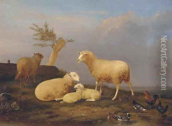 Sheep and poultry at the pond Oil Painting - Franz van Severdonck