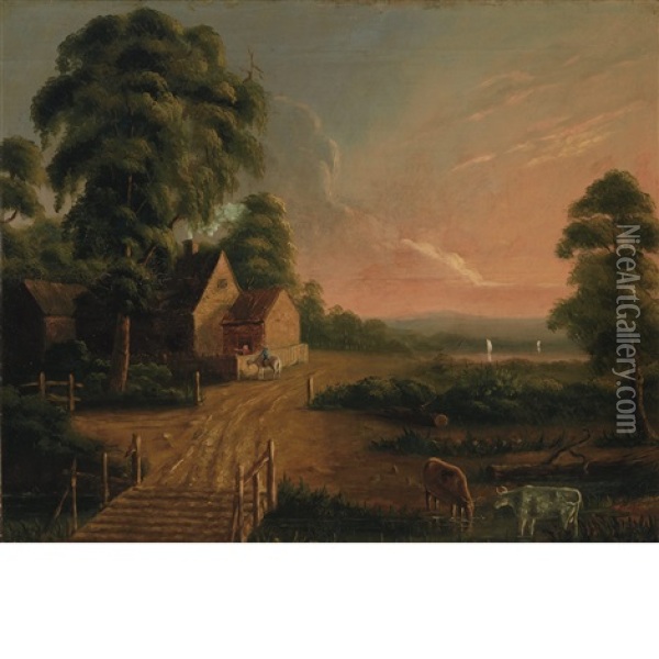 Farm Scene; Country Bridge At Dusk (2 Works) Oil Painting - Joseph Rusling Meeker