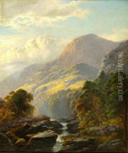 Scottish Summer Landscape With A Figure By A Rushing Stream Oil Painting - George Blackie Sticks