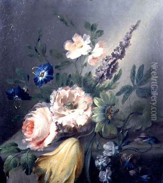 Still life of roses, passion flowers, a tulip and other flowers on a stone ledge Oil Painting - Jean-Louis Prevost