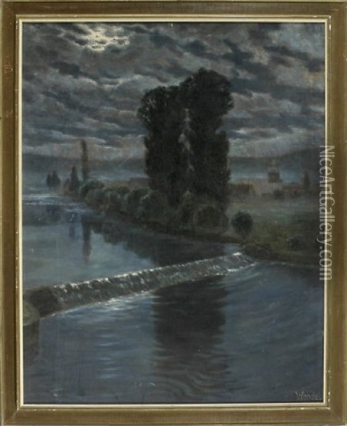 Fluss Mit Staustufen In Nachtlicher Stadtlandschaft Oil Painting - Victor Weishaupt