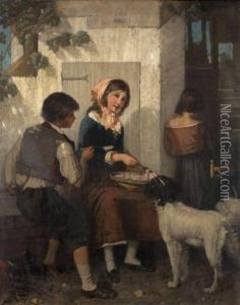 Jeunes Enfants Donnant La Soupe A Un Chien Oil Painting - Isidore Patrois