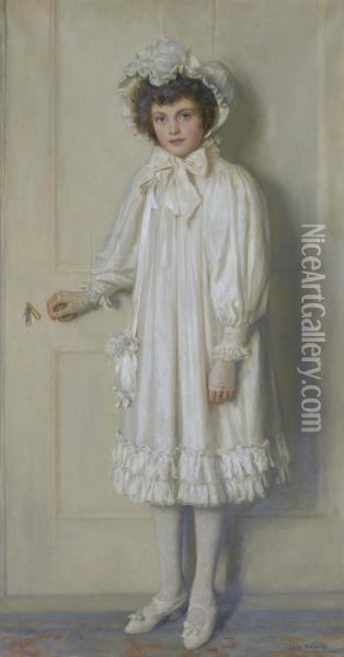 The Girl In White, Portrait Of Beatrice Harrison Aged Twelve Oil Painting - Edwin Harris