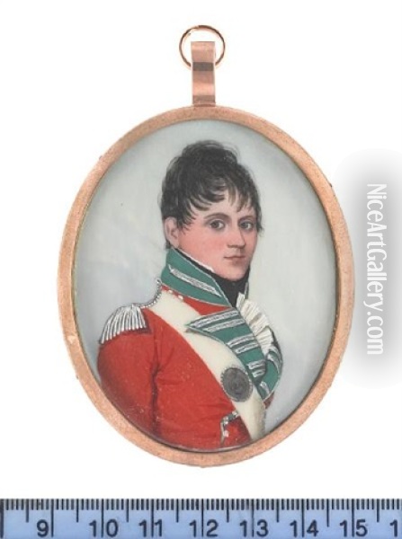 Captain Arthur Blake Of The 24th Foot, Wearing Red Coat With Green Facings, Silver Epaulette And Lace, White Cross-belt With Silver Belt-plate Oil Painting - Frederick Buck