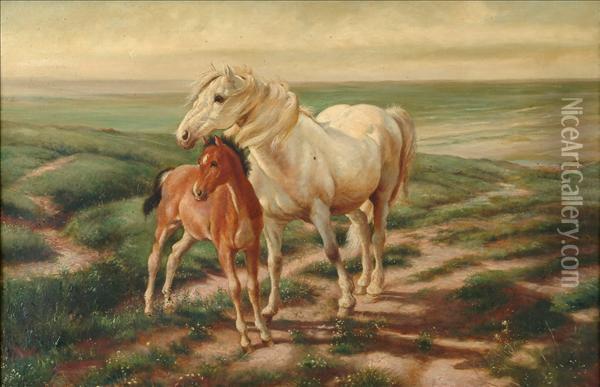 Horse And Foalupon A Moor Oil Painting - Mary F.R. Clay