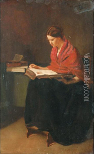 Femme Au Chale Rouge Lisant [ ; 
Woman With Red Shawl Reading ; Oil On Panel ; Signed Upper Right F 
Bonvin] Oil Painting - Francois Bonvin