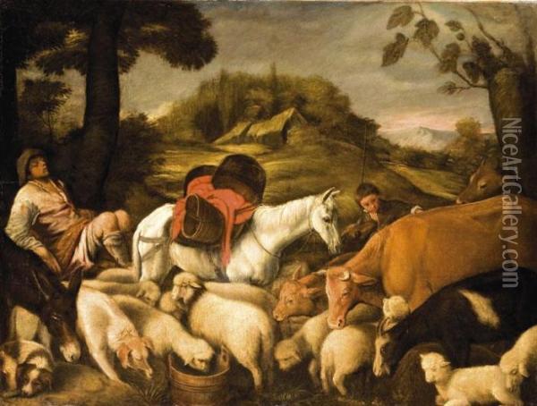 Merkur Ellopja A Baranyokat Az Alvo Argus Mellol Oil Painting - Jacopo Bassano (Jacopo da Ponte)