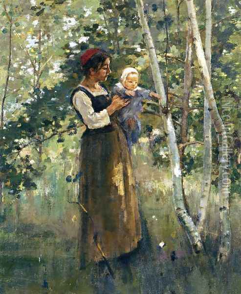 Mother And Child By The Hearth Oil Painting - Theodore Robinson