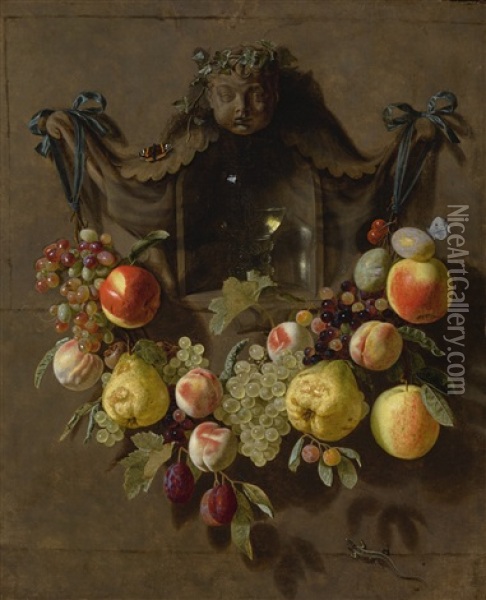 A Trompe L'oeil Still Life With A Swag Of Grapes, Pears, Peaches, Apples, Plums, And Butterflies Decorating A Niche With A Glass Roemer Oil Painting - Pieter Van Den Bosch