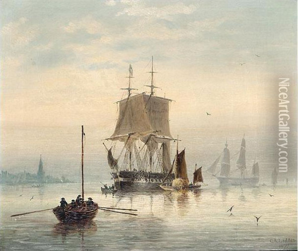 Estuary Scene With Man-o'-war At Anchor And Hay Barge Oil Painting - Charles Arthur Lodder Capt.
