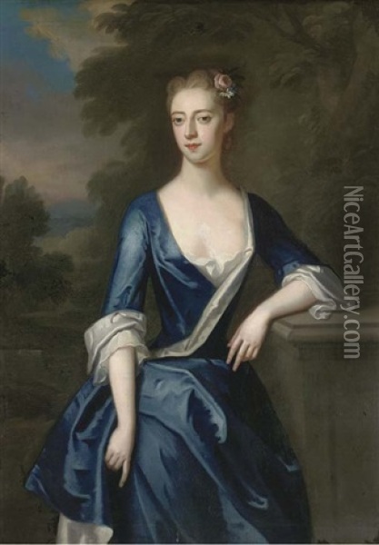 Portrait Of A Lady, Three-quarter-length, (elizabeth Partheriche?) In A Blue Dress With A Landscape Beyond Oil Painting - Charles Jervas
