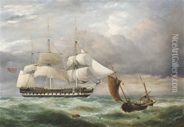 An East Indiaman Hove-to In The Channel With A Boulogne Lugger Passing By Oil Painting - George Philip Reinagle