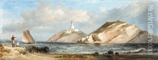 A Two-masted Schooner Passing An Anchored Merchantman Off The Mumbles Lighthouse, South Wales Oil Painting - James Harris
