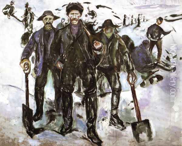 Workers in the Snow Oil Painting - Edvard Munch