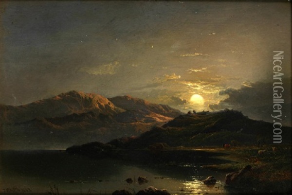 Sheep In A Mountainous Landscape; Moonlit Mountainous Landscape Oil Painting - Thomas Whittle the Elder