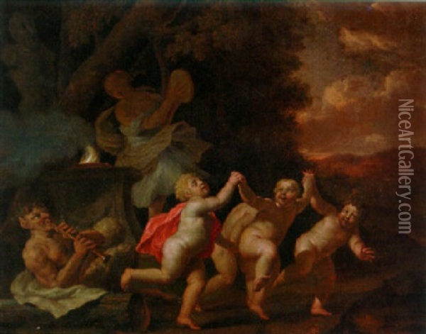 Putti And A Maenad Dancing To A Piping Satyr Oil Painting - Walther Damery